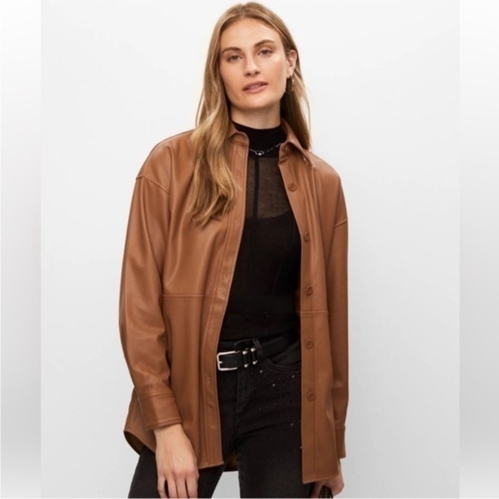 New Joseph Ribkoff | Tan Beige Button Down Vegan Leather Faux Leather Overshirt - Picture 4 of 9